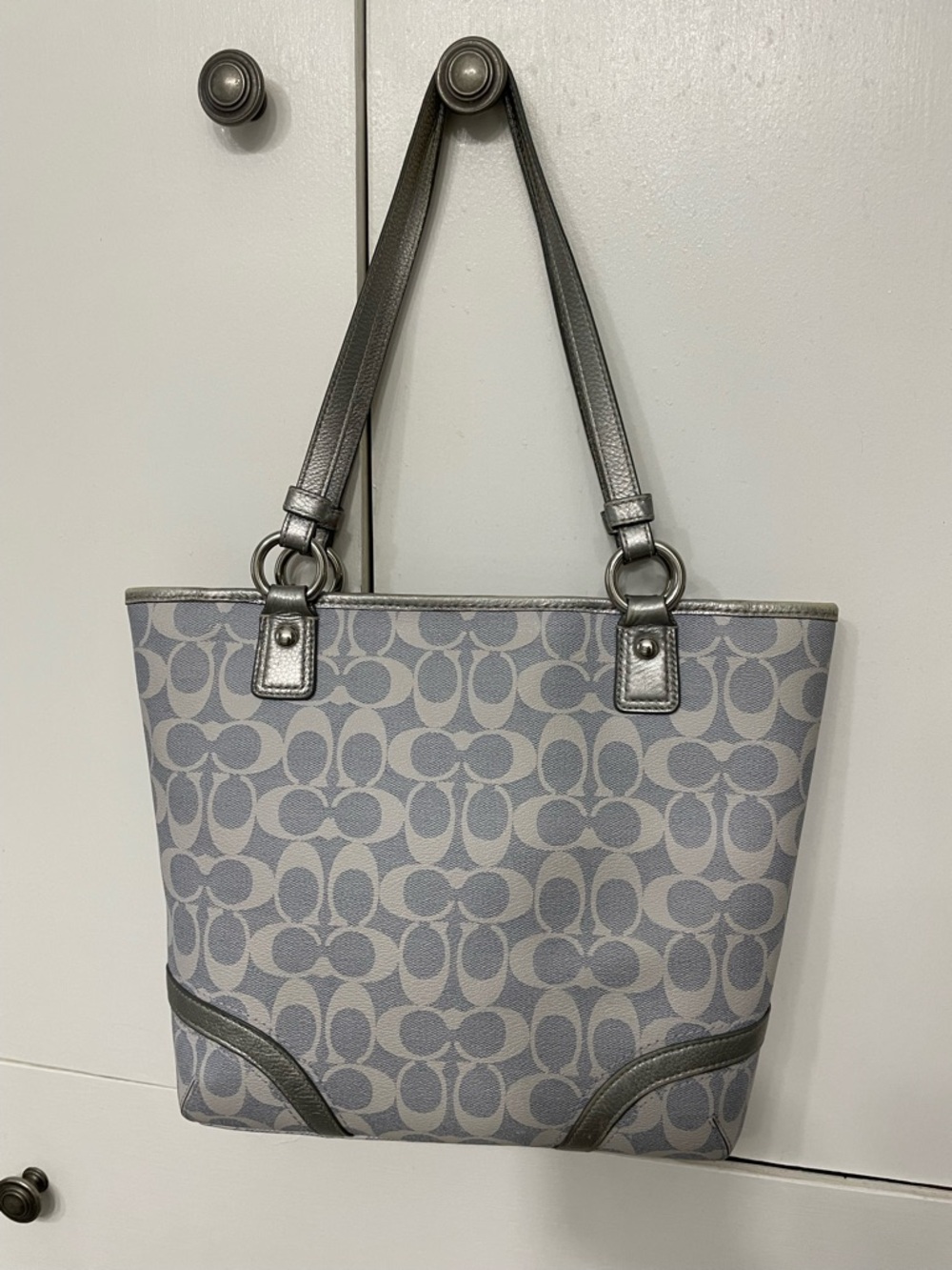 Coach light blue gray Signature Tote with Metallic Trim - Picture 2 of 16